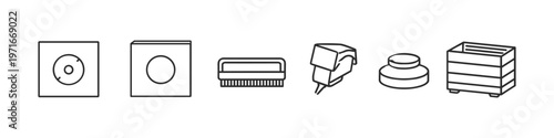Collection of vinyl record cleaning and maintenance accessories in line art style