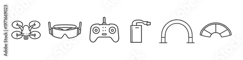 Drone racing equipment icons including goggles, controller, and obstacles