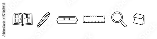 Collection of icons representing tools for organization, measurement, and examination