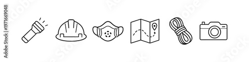 Collection of adventure and safety equipment icons on a white background