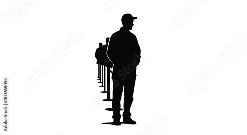Group of people waiting patiently in a long line isolated on a white vector graphic background