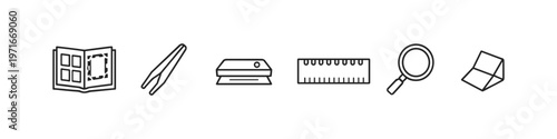 Collection of icons representing tools for collecting, measuring, and examining items