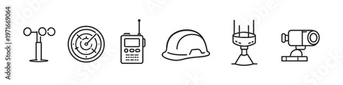 Collection of industrial and scientific equipment icons including weather instruments and safety gear