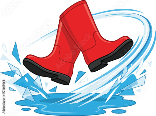 Dynamic action shot of a pair of bright red rubber boots splashing vigorously in water with high energy motion lines and liquid droplets representing fun movement and playful outdoor activity isolated