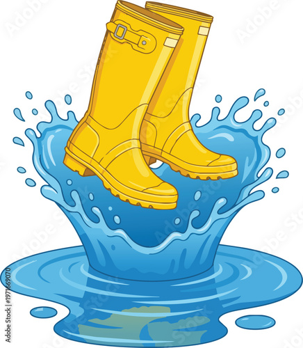bright yellow rubber rain boots splashing into a vibrant blue water puddle creating a perfect heart shaped liquid crown to represent love and happiness during autumn or spring rain isolated