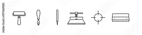 Collection of graphic design and printmaking tools in a simple line art style