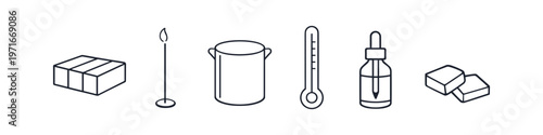 Scientific experiment icons including a thermometer, beaker, candle, and dropper