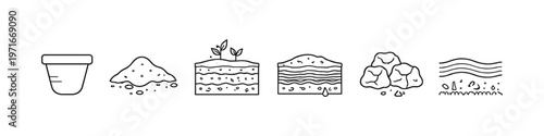 Collection of simple line art icons representing soil types and gardening elements
