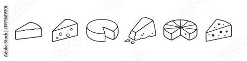Collection of hand-drawn cheese slices and wheels in a simple line art style