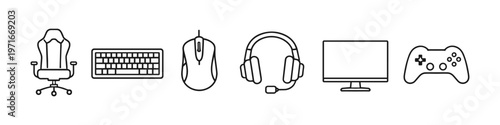 Collection of gaming equipment icons including a chair, keyboard, mouse, headset, monitor, and controller