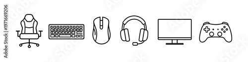 Collection of gaming equipment icons including chair, keyboard, mouse, headset, monitor, and controller