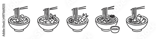 Collection of five hand-drawn bowls of delicious Asian noodle soup dishes