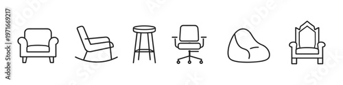 Collection of diverse seating icons including armchair, rocker, stool, office chair, beanbag, and throne