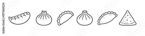 Collection of diverse dumplings and stuffed pastries in a simple line art style