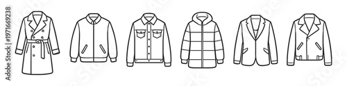 Collection of various outerwear clothing items in a simple line art style