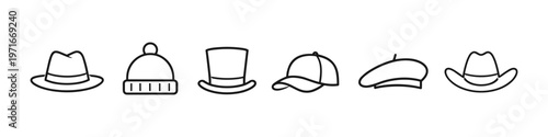 Collection of diverse headwear icons including fedora, beanie, top hat, baseball cap, beret, and cowboy hat
