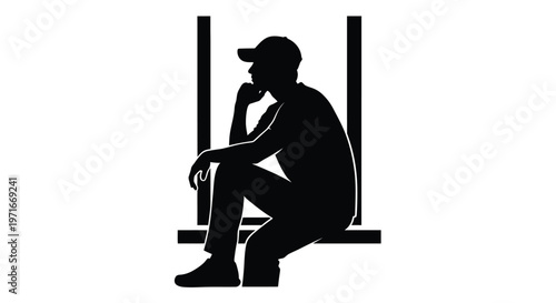 Black vector silhouette of a contemplative young man sitting on a window frame thinking deeply