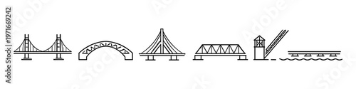 Collection of diverse bridge types illustrated in a simple line art style