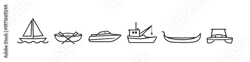 Collection of simple line art icons representing various types of boats and watercraft