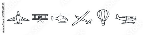 Collection of diverse aircraft icons including airplane, biplane, helicopter, glider, and seaplane