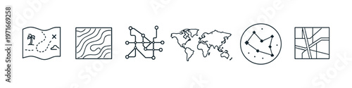 Collection of diverse map icons representing navigation and geography concepts