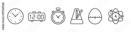 Collection of diverse timekeeping devices and concepts in simple line art icons