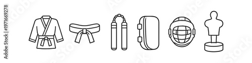 Collection of martial arts equipment icons including uniform, belt, nunchucks, pads, and headgear