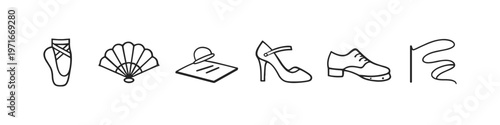 Collection of diverse dance and performance accessories in a simple line art style
