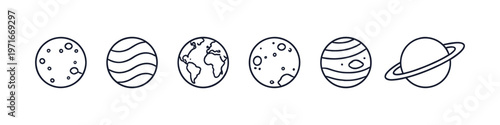 Collection of simple line art icons representing planets and celestial bodies
