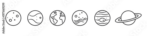 Collection of simple line art icons representing planets and celestial bodies