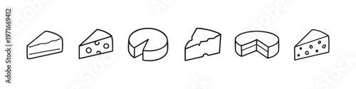 Collection of simple line art icons representing various cheese types and slices