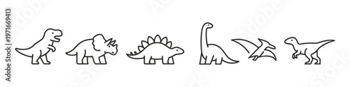 Collection of stylized dinosaur icons in a simple line art style