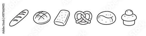 Collection of hand-drawn bakery items including bread, pretzel, and pastry