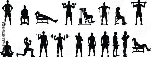 Fitness silhouettes, exercise poses, weightlifting, yoga, meditation, resistance bands, dumbbells, barbells, lunges, bench workout, strength training, flexibility movement, vector illustration