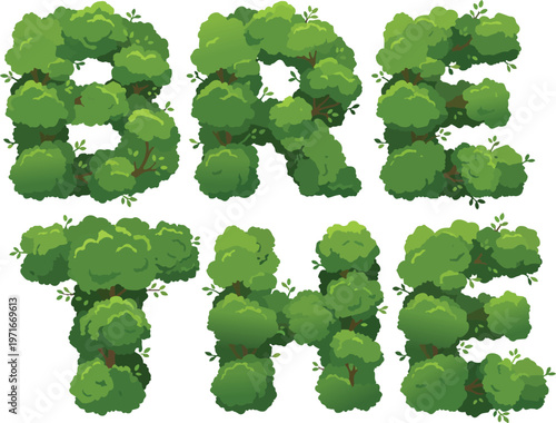 Environmental typography illustration of the word BREATHE where the letters are constructed from lush green trees symbolizing clean air sustainability and natural wellness