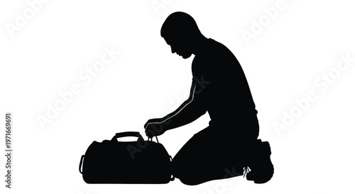 Silhouette vector illustration of a man kneeling while opening his athletic duffel bag for training sessions
