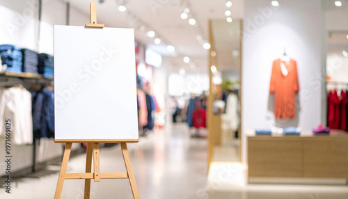 Blank white canvas on wooden easel stand in stylish clothing store, soft focus background, copy space for message or advertisement