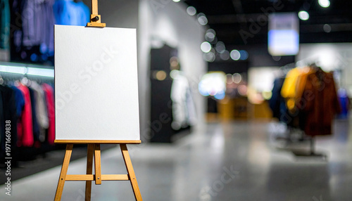 Blank white canvas on wooden easel stand in stylish clothing store, soft focus background, copy space for message or advertisement