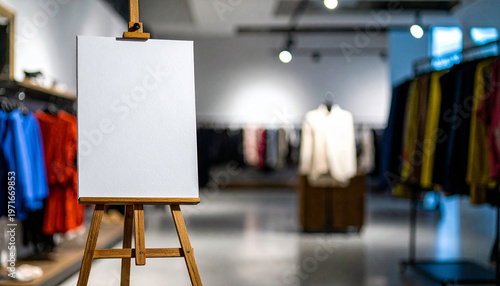 Blank white canvas on wooden easel stand in stylish clothing store, soft focus background, copy space for message or advertisement
