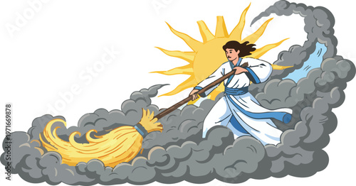 person actively using a broom to sweep away thick grey air pollution smog clouds revealing a bright shining sun and clear blue sky for climate change action or cleaning hope