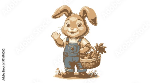 Smiling cartoon rabbit in overalls waves with basket of carrots on white background easter springtime fun