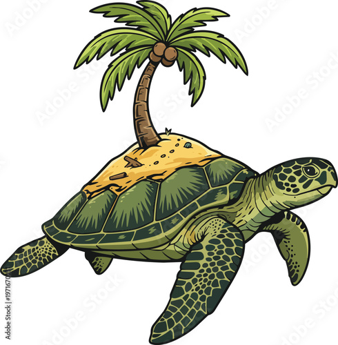 Sea Turtle Carrying Tropical Island with Palm Tree and Sand on its Shell Representing Biodiversity Marine Conservation Ecosystem Protection and Global Travel