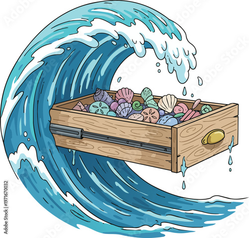 Blue Ocean Wave with Open Wooden Furniture Drawer Pulling Out of Water Revealing Hidden Seashells Representing Secrets of Nature and Coastal Storage Discovery
