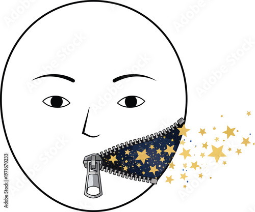 Simple Human Face with a Metal Zipper Mouth Half-Opened to Reveal Sparkling Stars Peeking Out Representing Imagination Secrets and Self-Expression
