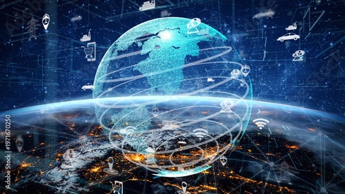 Foto This image showcases a digital representation of Earth interconnected with icons that symbolize technology, transportation, and communication in a modern and futuristic space