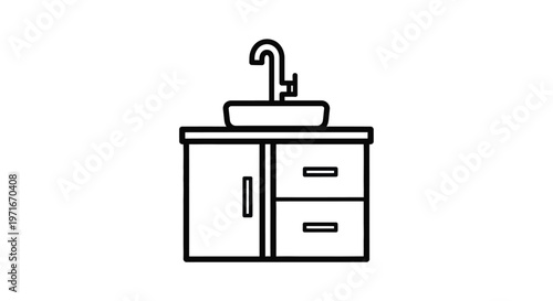 Simple vector graphic illustration of a modern bathroom vanity unit with sink and faucet design.