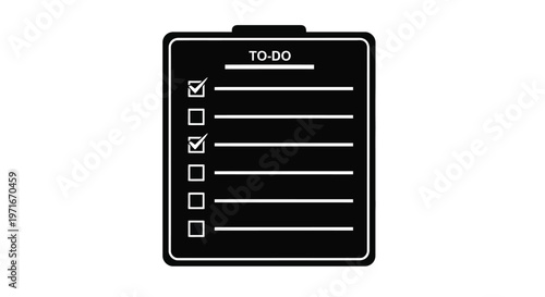 Black and white vector graphic illustration of a "TO-DO" list clipboard with some tasks completed