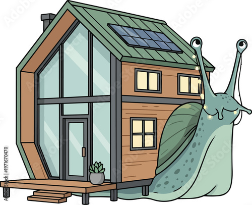 Snail with a Modern Architectural Tiny House Replacing its Shell Representing Sustainable Living and Minimalist Nomadic Lifestyle