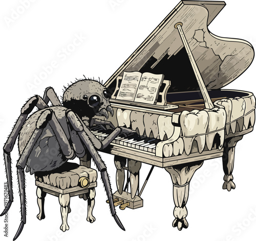 Surreal Macabre Image of a Detailed Spider with Eight Legs Playing a Miniature Piano Crafted from Human Teeth in a Dark Moody Gothic Setting