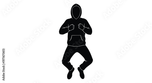 Minimalist vector illustration showing a hooded person performing a high energy jump in black style